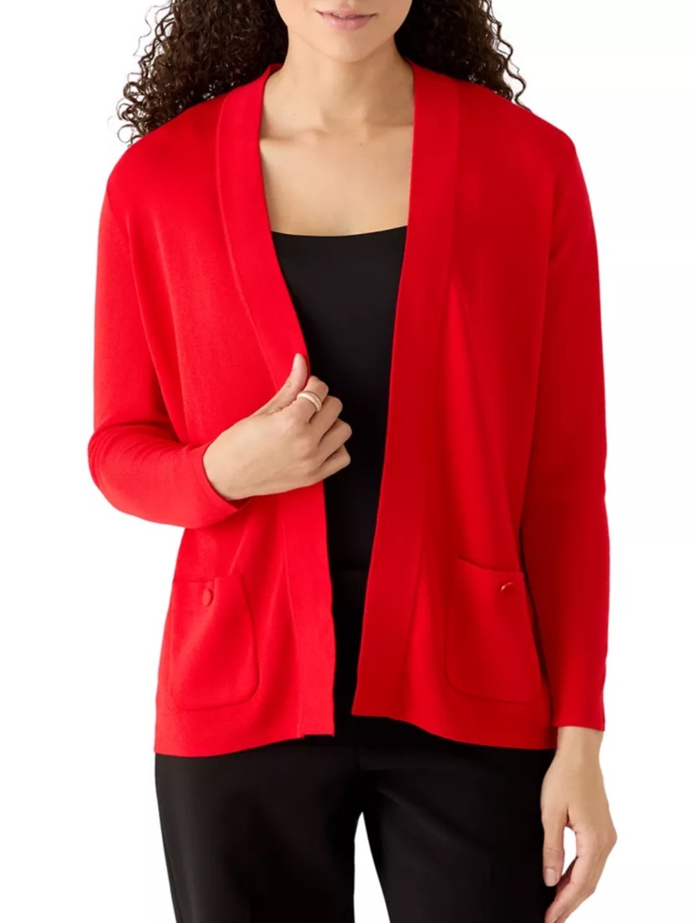 ANNE KLEIN Open-Front Red Cardigan Lightweight Sweater w Patch Pockets